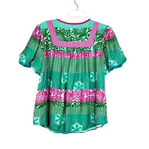 Jodifl Boho Flutter Sleeve Mixed Print Peplum Top Green Pink Medium coastal thumbnail 2