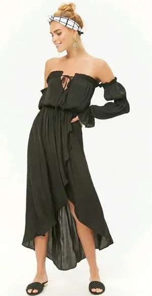 Forever 21 Womens Black Off‎ Shoulder High Low Maxi Dress Ruffle Boho thumbnail 1