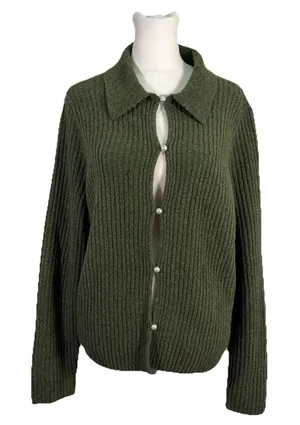 Abercrombie & Fitch Womens Ribbed Polo Cardigan Pearl Button Green Wool Blend L thumbnail 1