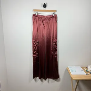Persaya Women’s Wide Leg Satin Cargo Pants in Burgundy/Brown Size XL thumbnail 5