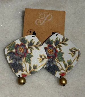 Plunder Mally Floral Statement Dangle Earrings in White, Green, Red & Gold New thumbnail 1