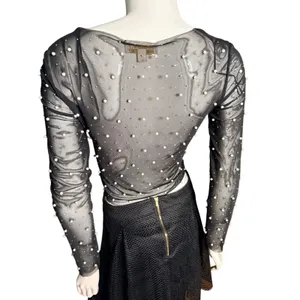 Thirty/Thirty LA Womens Black Sheer Mesh Pearl Embellished Crop Top Large thumbnail 5