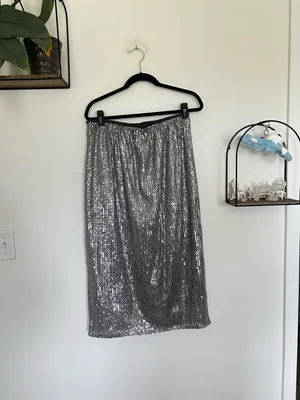 NWT‎ Le Soir Molly Bracken Alaya Silver Gray Sequin Long Skirt Size Large thumbnail 2