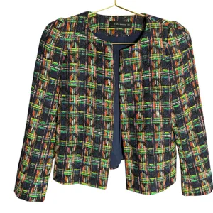 ZARA WOMAN Multicolor Plaid Tweed‎ Collarless Blazer Jacket Shoulder M thumbnail 3