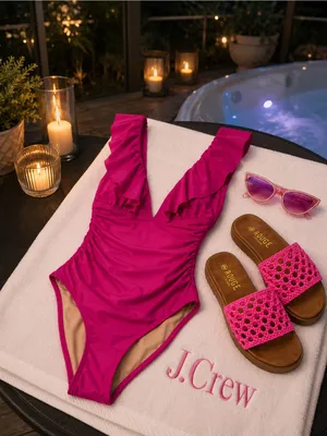 #S10 - J. Crew Ruffle Plunge One Piece Swimsuit Ruched Hot Pink Size 2/XS thumbnail 7