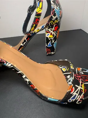 Block Heels BAMBOO Black Multi-Color Graffiti Ankle Strap Sandals thumbnail 7