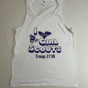 Girl Scouts Troop‎ Tank Top White With Purple Writing Size Medium thumbnail 1