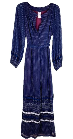 Handmade Vintage OOAK 70s Women's Boho Prairie Polka Dot Maxi Dress Sheer Size XXS thumbnail 1