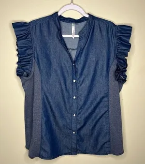 NY Collection Woman Dark Wash Cotton Chambray‎ Flutter Sleeve Button Front Top thumbnail 1
