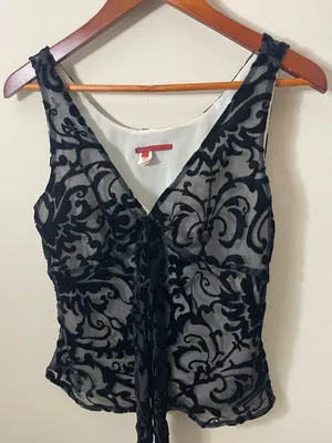 Whimsigoth black burnout velvet sheer overlay sleeveless Blouse fairycore thumbnail 2