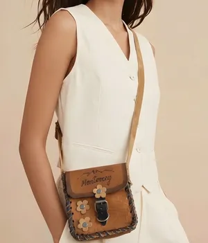 Vintage Mexican Leather Crossbody‎ Bag Monterrey Souvenir Hand-Stitched Floral thumbnail 1