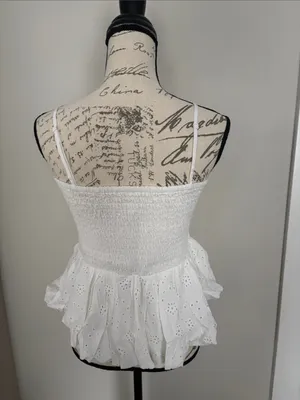 American Eagle Outfitters XL White Eyelet Smocked Peplum Cami thumbnail 3