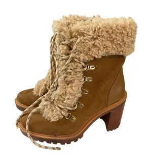JLO Jennifer Lopez Brown Shearling-Lined Lace-Up Boots With Block Heel thumbnail 1
