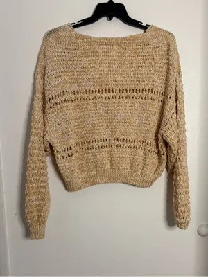Free People Open-Knit Scoop Neck Sweater in Beige thumbnail 3