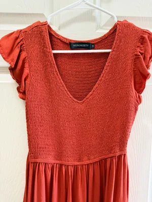 MEROKEETY Tiered Maxi Dress Size M Rust Orange Smocked Bodice thumbnail 3