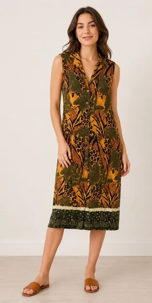 Vintage 90s Olivia Rose Sz 16 Midi Dress Safari Jungle animal print‎ Sleeveless thumbnail 1