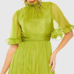 MAC DUGGAL Green Size 10 Ruffled Mock Neck Flutter Sleeve High Low Hem Gown Fla thumbnail 2