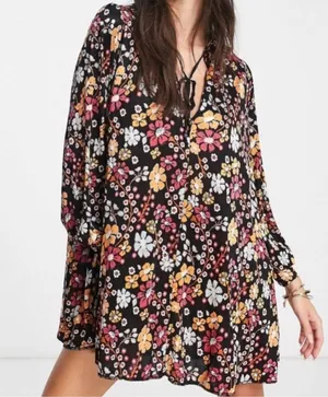 NWT Free People Daisy Jane Black Floral Swing Dress Generous Medium Retail $148 thumbnail 1
