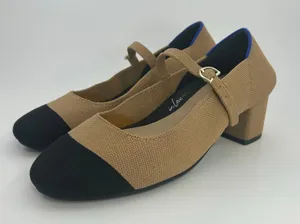 Rothy's The Mary Jane Camel Black Cap Toe Block Heel Knit‎ Shoes Women's 8.5 thumbnail 1