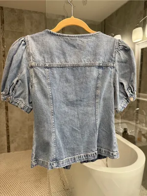 GAP Light Blue Denim Puff Sleeve Button-Front Top - xs thumbnail 5