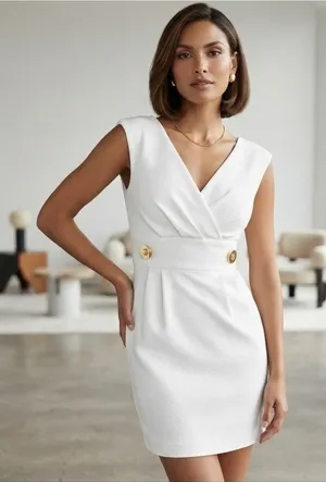 Helene Berman London White Textured 8 Pique V-Neck Gold Button Sheath Dress 8‎ thumbnail 1
