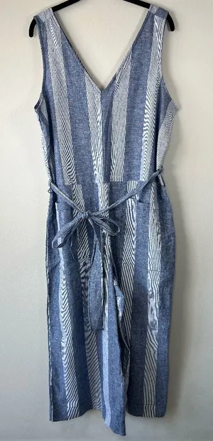 Beach Lunch Lounge Linen Blend Cropped Jumpsuit Blue Stripe Wide Leg Coastal Lg thumbnail 1