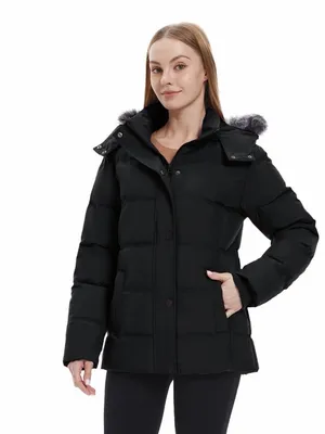 Women's Winter Puffer Jacket with Faux Fur Hood – Black, Size Large thumbnail 3