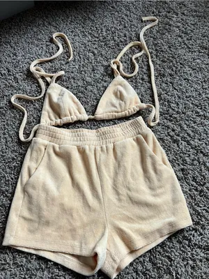 Terry Knit Bikini Top & Drawstring Shorts Set thumbnail 1