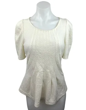 Anthropologie Georgia White Textured Pleated Puff Sleeve Peplum Blouse Top Sz S thumbnail 1