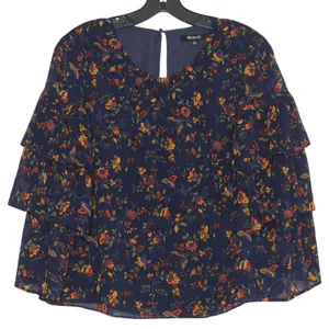 Madewell Ruffle Dark Floral Navy Blue Top Boho Cottagecore Romantic Feminine M thumbnail 1