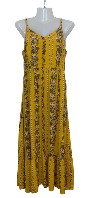 Old Navy Women's M Mustard Yellow‎ Floral Stripe Smocked Tiered Maxi Dress Boho thumbnail 1