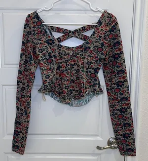 Free People Floral Long Sleeve Crop Top Criss Cross Back XS Boho Cottagecore thumbnail 1