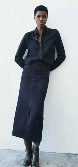ZARA ZW Collection Denim Midi Skirt Contrast Suede Waistline Blue Pockets Small thumbnail 1