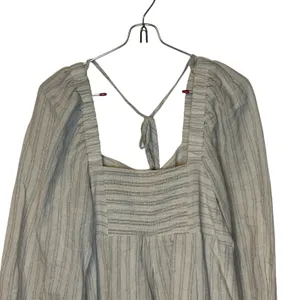 Mystree Womens Smocked Midi Dress Lined Striped Puff Sleeve Oatmeal Small NWT thumbnail 9