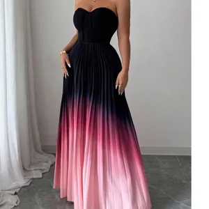 Plus Size 5X Strapless Ombre Pleated Maxi Evening Dress Black Pink thumbnail 2