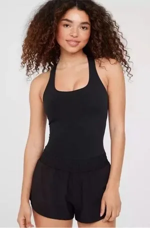 [Aerie] Offline Black Racerback Real Me Hot Stuff Romper Workout Casual Sz Large thumbnail 1