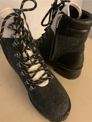 Coach women gray tweed black leather combat boots US 6 thumbnail 4