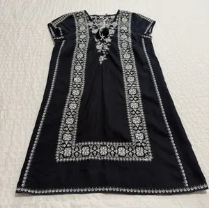 Calypso St. Barth 100% Linen Navy Blue White Embroidered Shift Dress Mini Small thumbnail 1