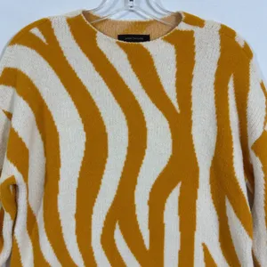 Ann Taylor Womens S Mustard Yellow Cream Zebra Print Fuzzy Crewneck Sweater thumbnail 4