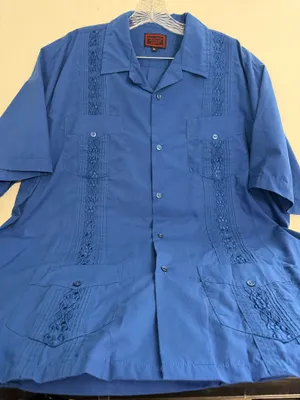 Maximos Yucatan Mexico Men’s Blue Embroidered Cuban Shirt thumbnail 1