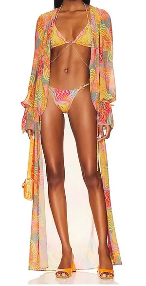 Bananhot Long Multi-Color Sheer Long Sleeve Cover-Up In Waves Size M/L thumbnail 1