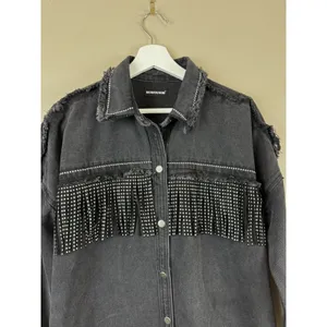 Denim Jacket Black Fringed Western Women’s Size S Embellished Festival Coachella thumbnail 3