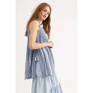 Free People Obi Posey Smocked Tank Top Striped Boho Hippie M Blue White Fringe thumbnail 2
