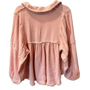 Ces femme Pink Cotton Collared Peasant Balloon Sleeve Gauze Blouse Oversized S thumbnail 2
