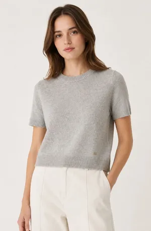 Tête & Tête Gray/Blue Short Sleeve Knit Sweater Top Boxy Crew Neck Soft Luxe thumbnail 1