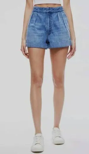Alice + Olivia Conry Pleated Denim Shorts Ivy Blue Cotton‎ High Waist Cuffed 25 thumbnail 1