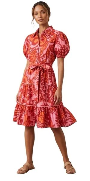 Kings Road Belted Tiered‎ Mini Dress Block Print Pink Red Size Small Shirtdress thumbnail 1