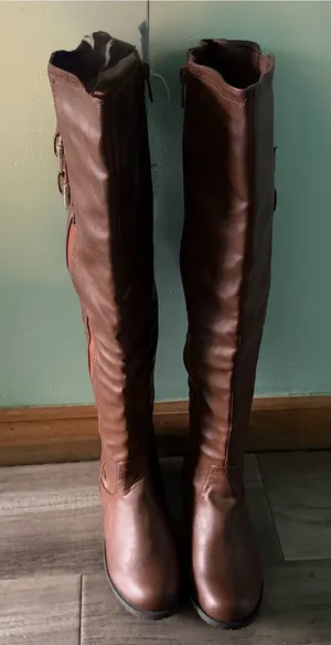 Faux Leather Over-the-Knee Riding Boots Brown with Buckles. thumbnail 1