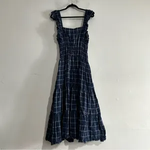 Anthropologie Magali Pascal Ruffled Linen Midi Dress Windowpane Large Wedding thumbnail 5