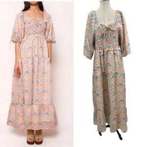 Ivy City Co. Nora Maxi Dress Floral Print Smocked Orange Blue‎ Plus Size 1X thumbnail 2
